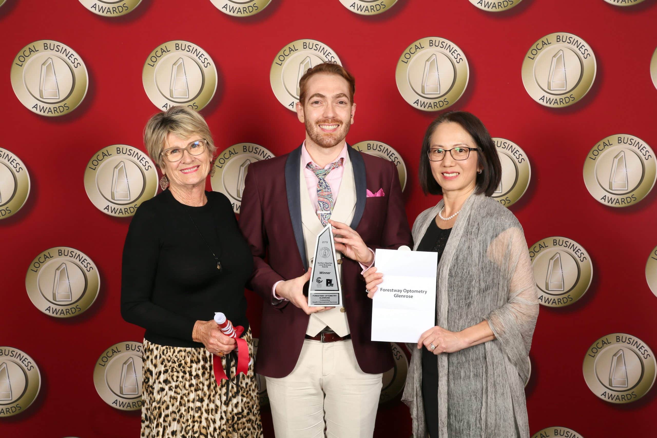 Forestway Optometry practice co-ordinator and frame stylist, Karen, (from left) practice manager Sean Langton and senior optical dispenser and frame stylist, Akiko Miwa at the 2019 Local Business Awards.