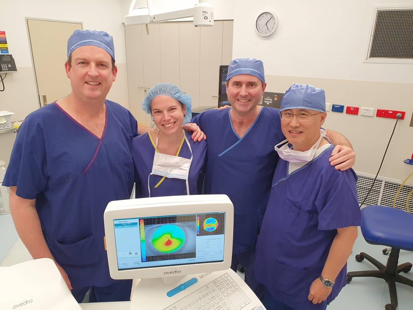 Dr Brendan Cronin (from left) with Avedro’s Ms Grace Lytle, Dr David Gunn and Mr TC Kok, also from Avedro, who helped with the installation at QEI.