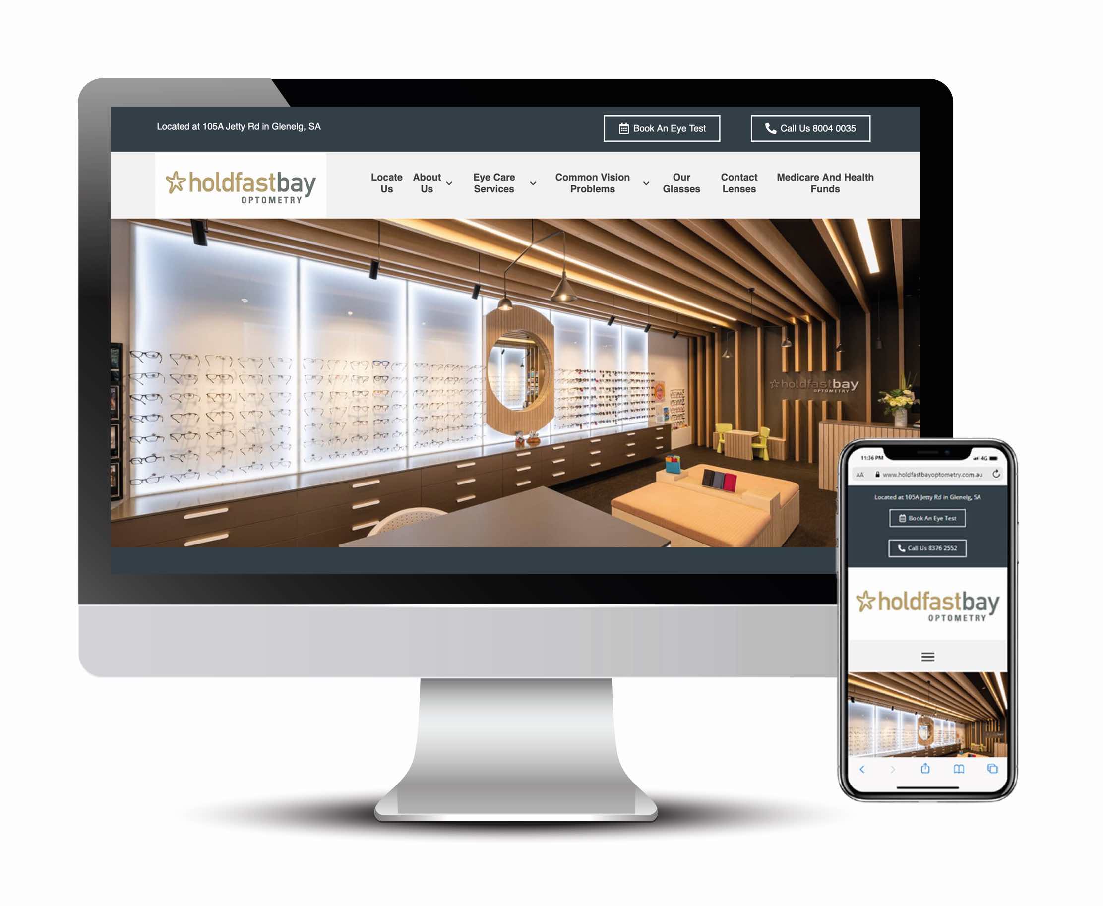 The new Holdfastbay Optometry website, compatible across both desktop and mobile devices.