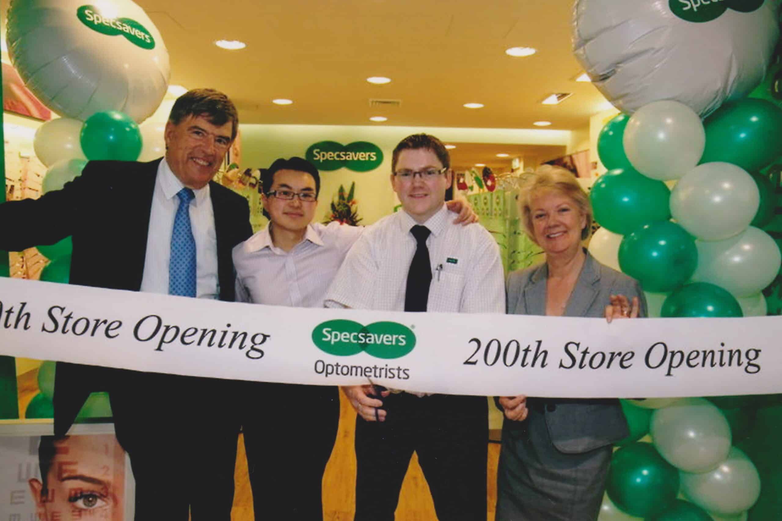 Specsavers co-founder Mr Doug Perkins (from left), Cafa Huynh, Matthew Edwards and Dame Mary Perkins opening Specsavers Hurstville, the 200th ANZ store.