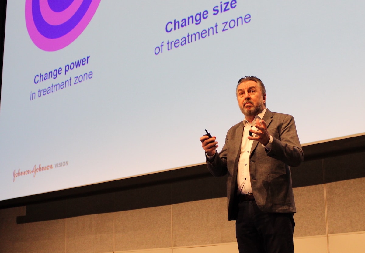 Dr Noel Brennan presenting on a new myopia control soft contact lens prototype from Johnson & Johnson Vision.
