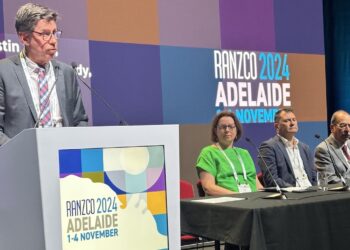 Dr Grant Raymond chairing the RANZCO Plenary alongside (from left) Dr Kristin Bell, Dr Justin Mora and Prof Nitin Verma. Image: Prime Creative Media.