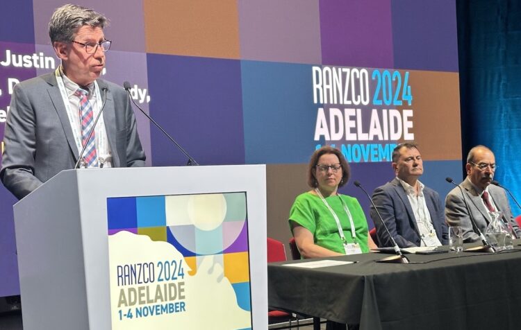Dr Grant Raymond chairing the RANZCO Plenary alongside (from left) Dr Kristin Bell, Dr Justin Mora and Prof Nitin Verma. Image: Prime Creative Media.