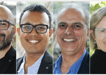 Theo Charalambous (left) is the new president of Optometry Australia. Also getting new roles on the board are Shavu Bose, Ramy Aziz and Elise Pocknee-Clem. Image: Optometry Australia.