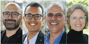 Theo Charalambous (left) is the new president of Optometry Australia. Also getting new roles on the board are Shavu Bose, Ramy Aziz and Elise Pocknee-Clem. Image: Optometry Australia.
