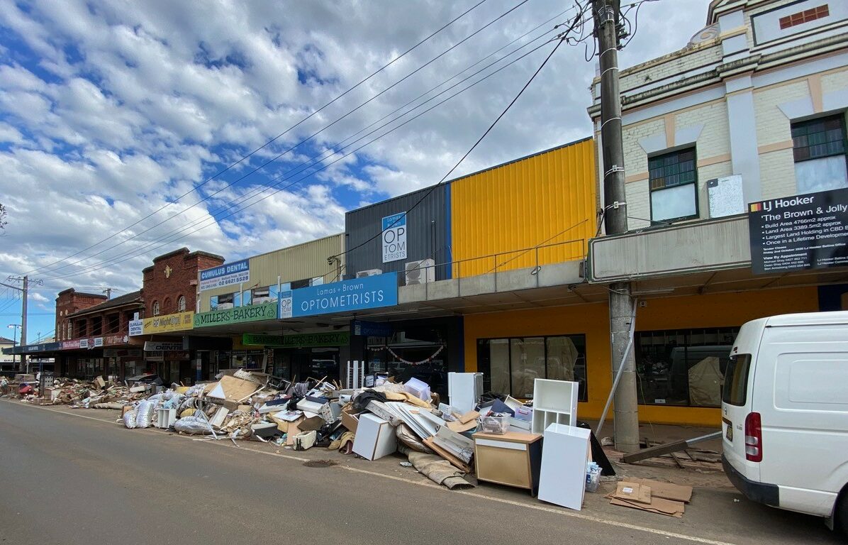 The rubbish pile outside Lamas + Brown Optometrist in Lismore after the shop was gutted.