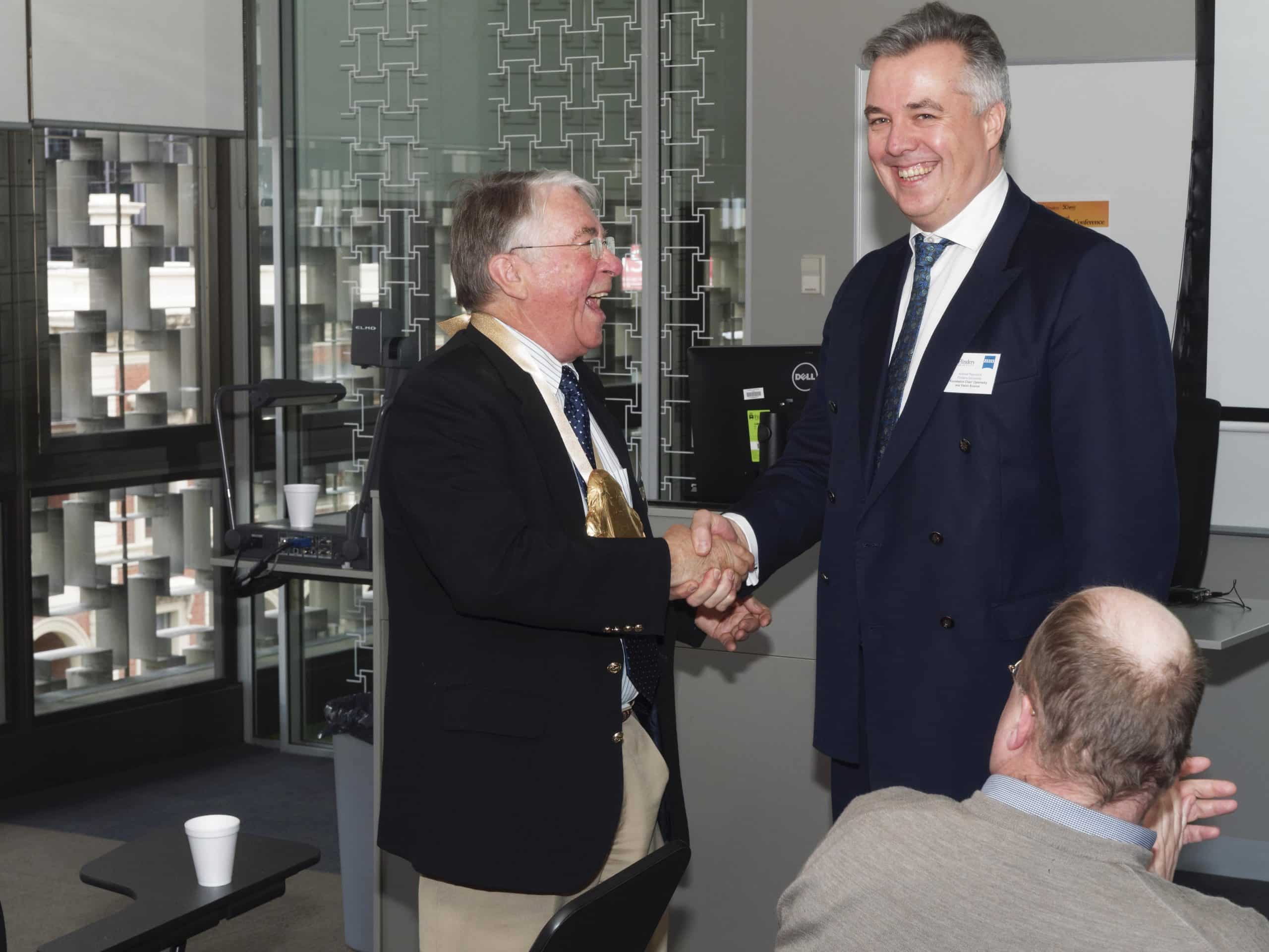 Prof Konrad Pesudovs (right) with the late Dr Tony Adams, the first Australian to receive the Glenn Fry award.